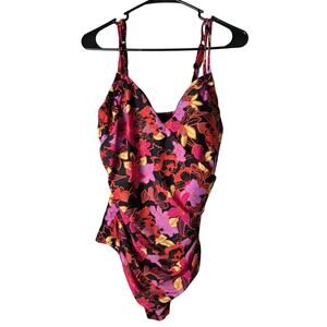 Seekers Essentials One Piece Swimsuit Size 18 Pink Red Floral Tummy Control